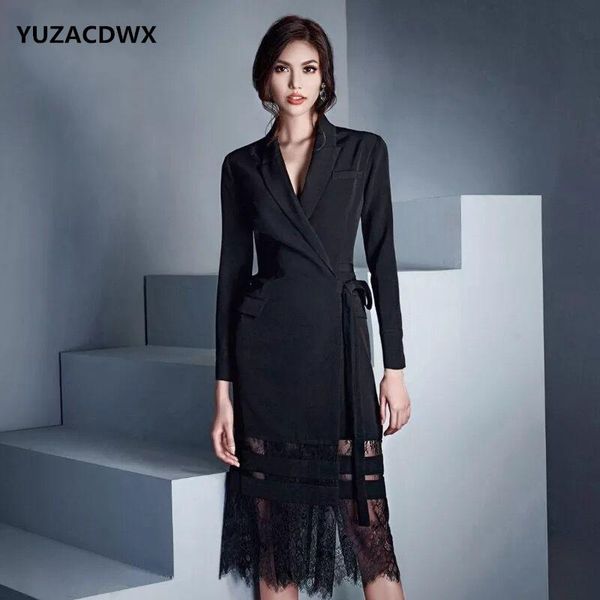 

casual dresses yuzacdwx 2021autumn fashion women long sleeve notched lace stitching blazer dress suit jacket office lady wrap vestidos, Black;gray
