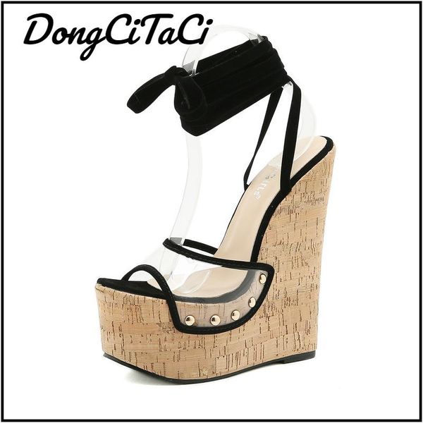 

sandals dongcitaci women's rivetrs open toe shoes cross strap wedges platforms sandales women high heel for, Black