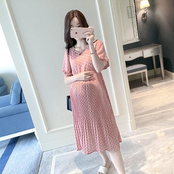 

maternity dresses summer chiffon clothing for pregnant women polka dot pleated gravida vestidos pregnancy dress clothes, White