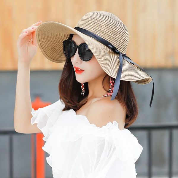 

straw hat female summer korean small fresh sunshade sun protection foldable big coastal beach wide brim hats, Blue;gray