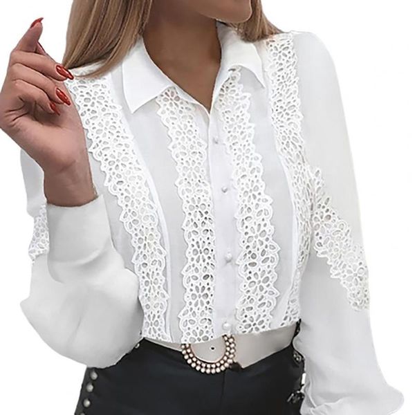 

women's t-shirt women elegant shirt long sleeve casual hollow out single-breasted lace patchwork for office, White