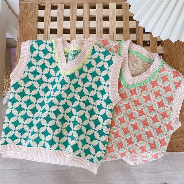 

autumn 2021 new baby boys girls v-neck cotton plaid knitted sleeveless vest kids sweater baby girls clothes, Blue