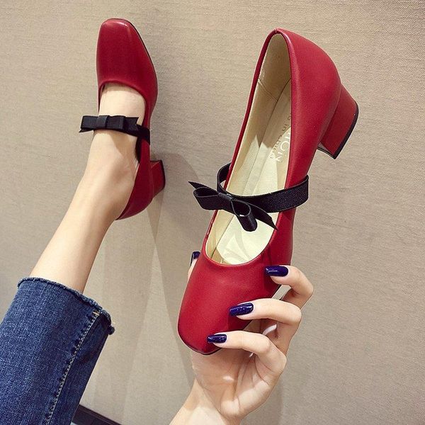 

dress shoes women's high heels square heel red boat bows decorated single, Black