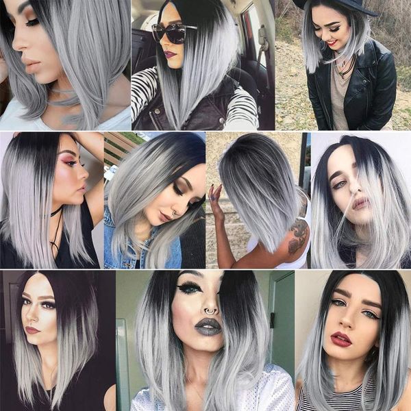 

ombre straight bob black grey synthetic wig shoulder length middle part heat resistant fiber cosplay party hair for womenfactory direct