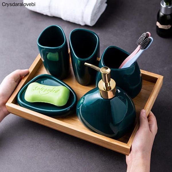 

wedding gift bathroom accessories decoration ceramic set wood tray nordic toothbrush holder bath accessory