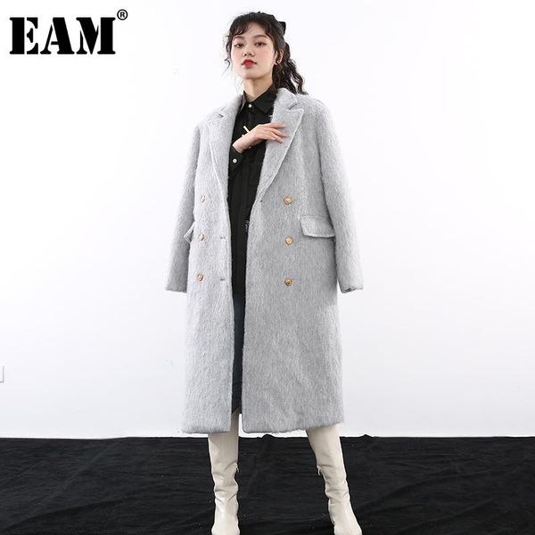 

[eam] loose long double breasted gray woolen coat parkas notched sleeve women fashion autumn winter 2021 1dd406302 women's wool & blend, Black