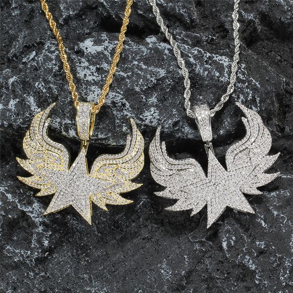 

hip hop 18k gold plated iced out zircon wing star pendant necklace for men rapper jewelry gift, Silver