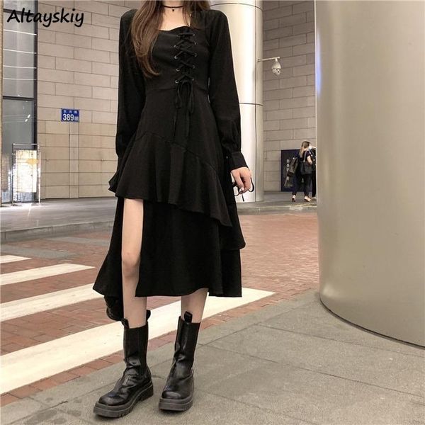 

solid dresses women ruffle lace-up irregular hem slim elegant vestido feminino club party medieval gothic vintage female casual, Black;gray