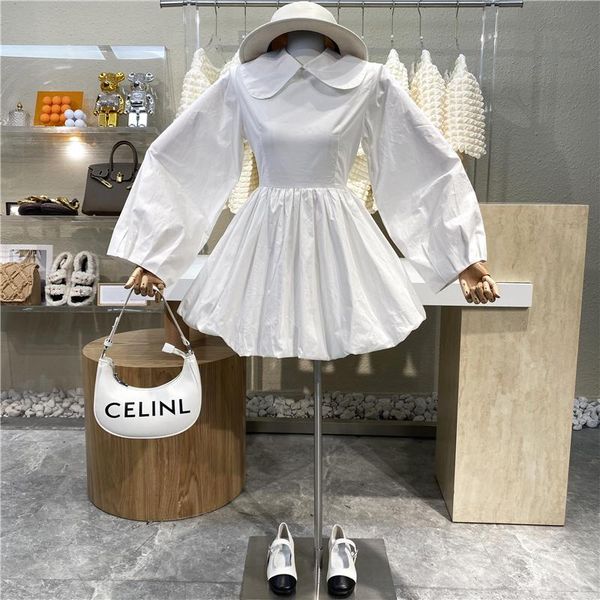 

casual dresses brand original design aging sweet temperament doll collar lantern sleeve fluffy skirt 2021 product foreign style waist dress, Black;gray