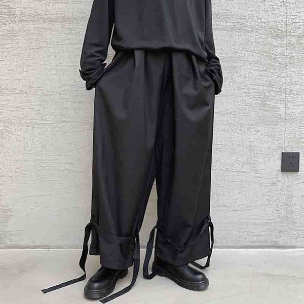 

pant personalised bandage dark broad leg loose yamamoto autumn design casual pants hem odvc, Black