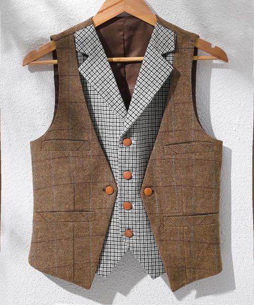 

men's vests 2021 latest mens vest casual plaid wool herringbone tweed formal for wedding groomman waistcoat green/blue/green/grey, Black;white
