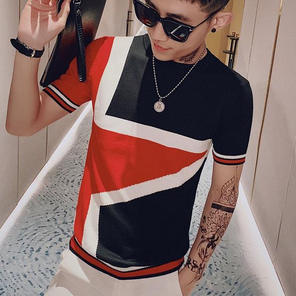 

patchwork color slim fit knitted t shirt men o-neck stretched tee homme streetwear fashion 2021 summer casual t-shirts men's, White;black