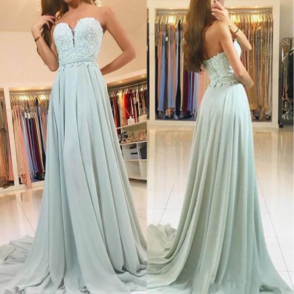 Único Sweetheart Mint Green Dama de Promoção Vestidos 2021 Barato Uma Linha Chiffon Applique Lace Rightless Shipping Vestidos