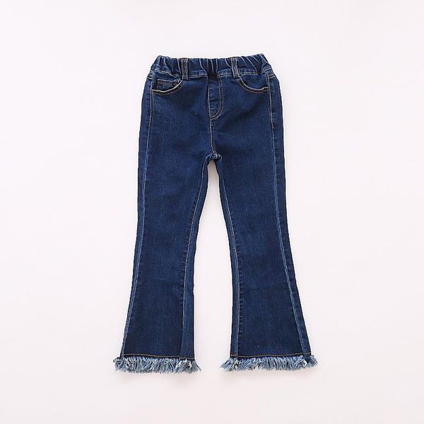 

kids classic elastic waist long jeans girls sweet tassel children full length comfort denim pants for 4-14y 60430, Blue