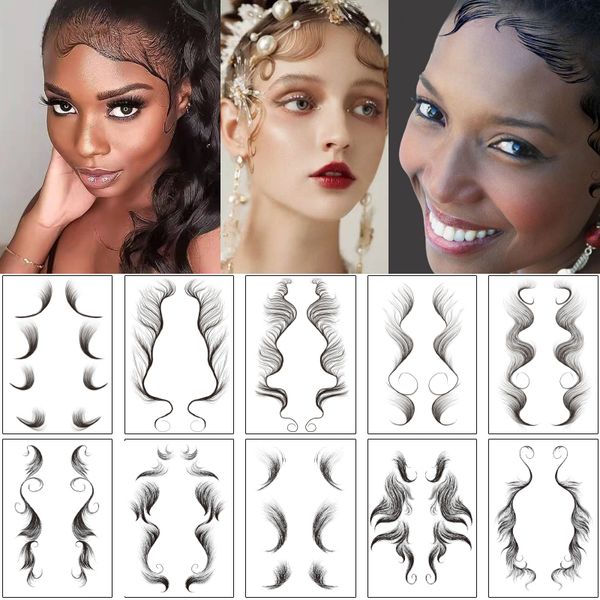 

fake woman baby curly hair edges tattoo sticker diy natural temporary waterproof face hairline makeup tool pony tail styles sleek bangs deca