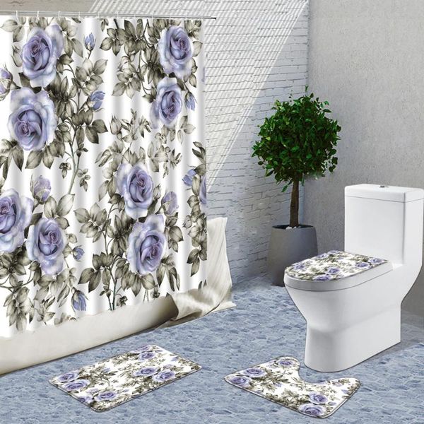 

shower curtains blue rose flowers grey curtain set 4 pcs 3d spring floral plants print cloth bath mats rugs home bathroom decor