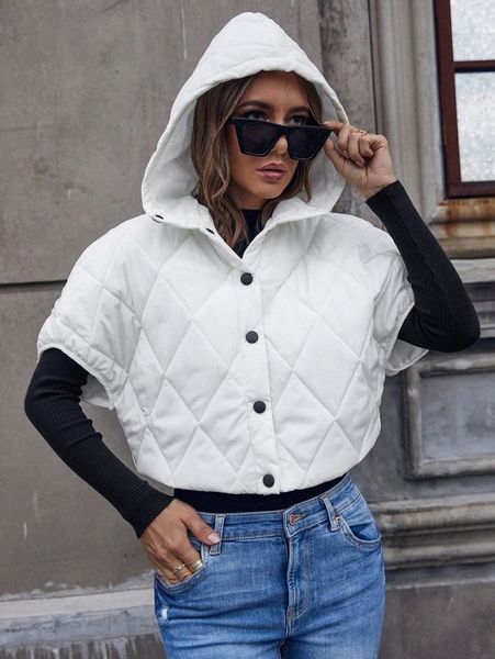 

button front hooded quilted coat r5y0#, Black