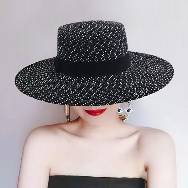 

stingy brim hats simple summer parent beach hat female leisure panama brand jazz flat corner straw sunhat, Blue;gray