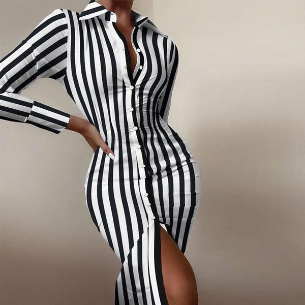 

casual dresses 2021 autumn stripe print shirt dress women turn-down collar bodycon elegant button slim fit lady party vestidos, Black;gray
