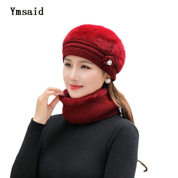 

beanie/skull caps 2021 female elegant flowers knitted cap scarf set middle-aged hat for women fur thick warm balaclava, Blue;gray