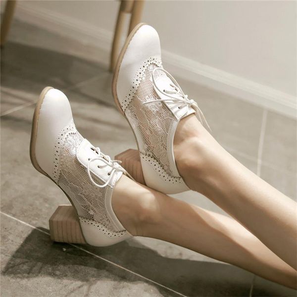 

dress shoes women oxfords british 2021 spring autumn round toe chunky block high heels brogue lace up wingtip white black