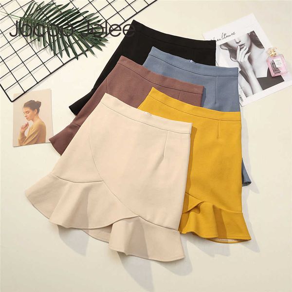 

women korean elegant ruffles solid color mermaid skirt office lady slim bodycon mini skirts casual beach a line skirts 210619, Black