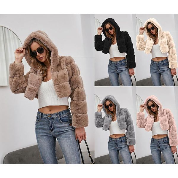 

women's fur & faux 2021 autumn winter hooded coat women thick short length spliced vintage solid color casual jacket, Black