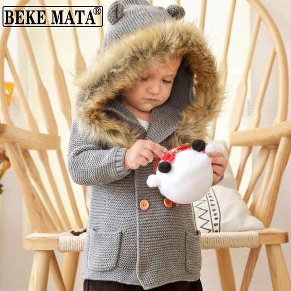 

pullover baby knit sweaters for boys 2021 winter hooded fur collar toddler boy clothes long sleeve cotton infant coat child clothing, Blue