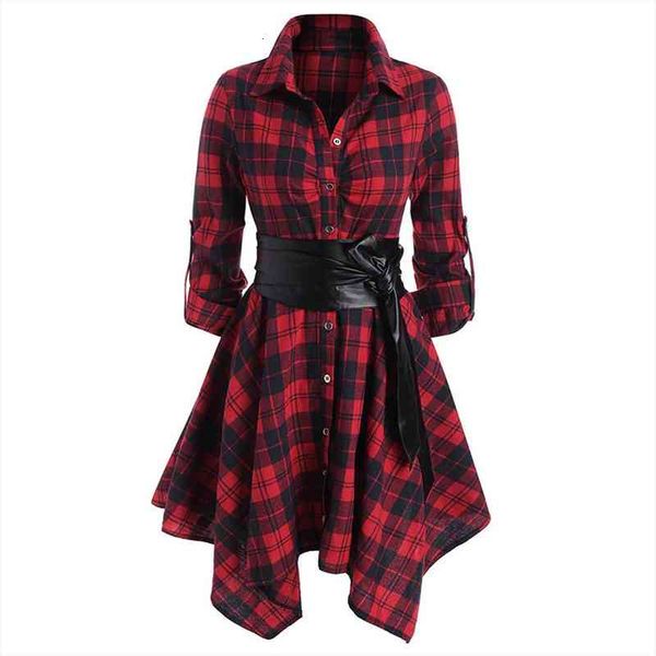 

gothic casual dress women red plaid belted roll tab sleeve handkerchief dress vestidos autumn long sleeve a-line party, Black;gray