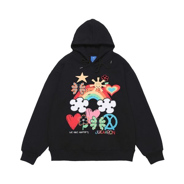 

chaopai hip hop guochao autumn winter rainbow love boys and girls couple fleece high street loose hooded sweater, Black