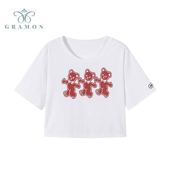 

plus size t-shirt short women fashion high waist bear cub print tee shirts loose crop female streetwear 2021 summer