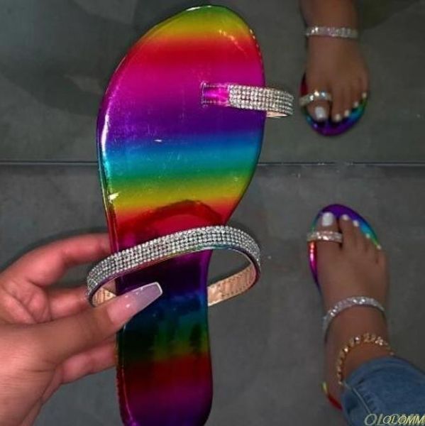 

women fashion wild beach slippers 2021 rhinestone bright diamond flat sandals flip flop home outdoor travel student, Black