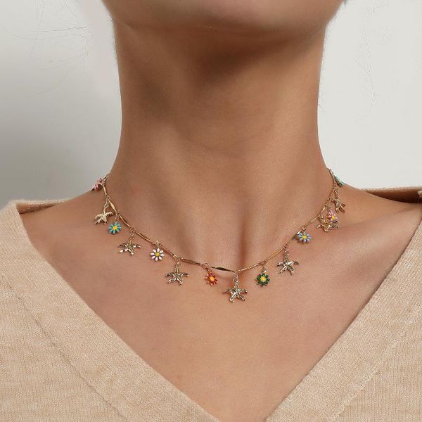 

alloy starfish colorful flowers pendant necklace for women 2021 summer fashion gold color short clavicle chain collier chokers, Golden;silver