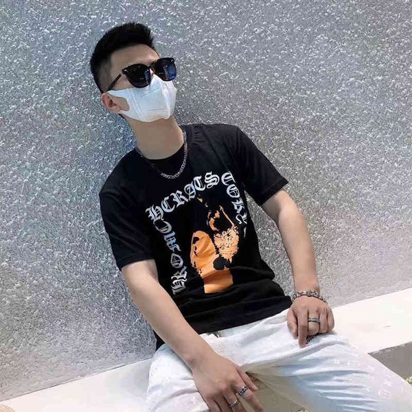 

factory brand ch spring and summer 2021 new fashion sanskrit raven ch cotton loose round neck printing casual men's short half, White;black