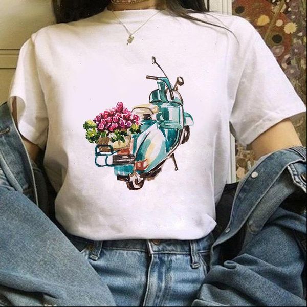 

womens t shirt fashion motorcycle theme women lovely print short sleeved o neck vintage vogue ullzang tshirt harajuku, White