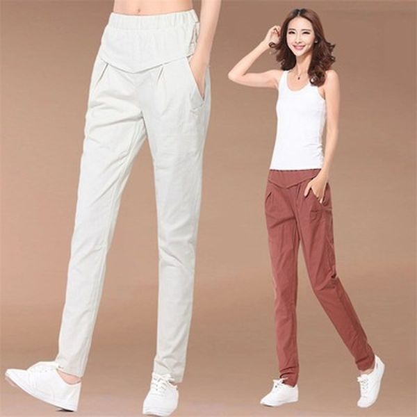 

spring/autumn arts style pants women loose casual all-matched long cotton linen elastic waist solid harem 210603, Black;white