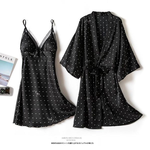 

women's sleepwear print dot nighty&robe suit soft nightdress 2pcs set women satin kimono bathrobe gown casual intimate lingerie, Black;red