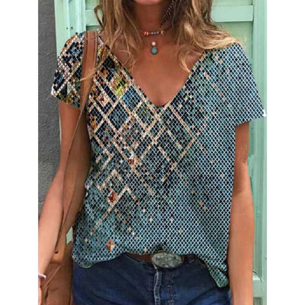 

plus size women t-shirt tie dye geometric print v-neck short sleeve tshirt streetwear casual fashion european female tees y0621, White