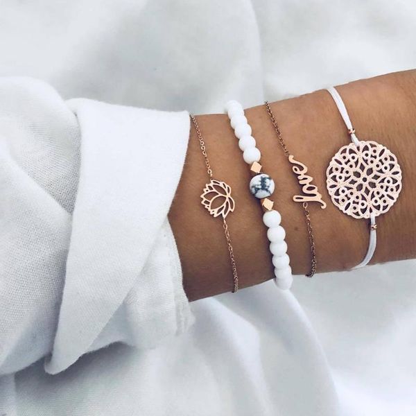 

link, chain 4 pcs/set retro carving lotus round letters beads link gold bracelets women multilayer female set jewelry gifts, Black