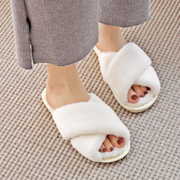 

slippers winter women house faux fur warm flat shoes female slip on home furry ladies short plush cotton, Black