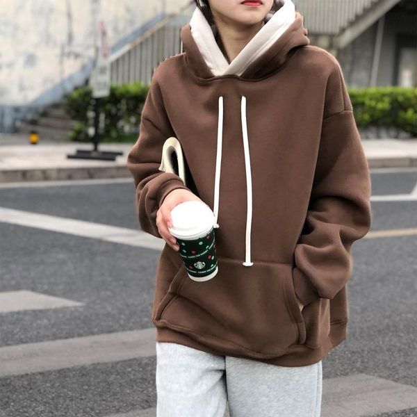 

women's hoodies & sweatshirts winter woman oversized hoodie plus thick velvet solid cotton hooded casual pullovers clothes female, Black