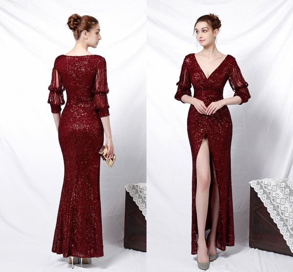 Роскошные Bling Burgundy PROM Formal Dress Tassel с длинным рукавом V-образным вырезом Робиц De Soirée Femme Mermaid полный вечернее платье