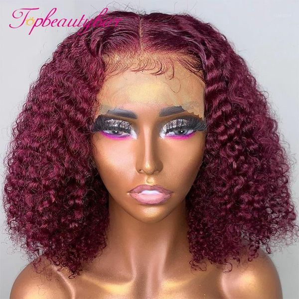 

red burgundy ombre color brazilian lace frontal wigs short bob curly front human hair for women dark remy1, Black;brown