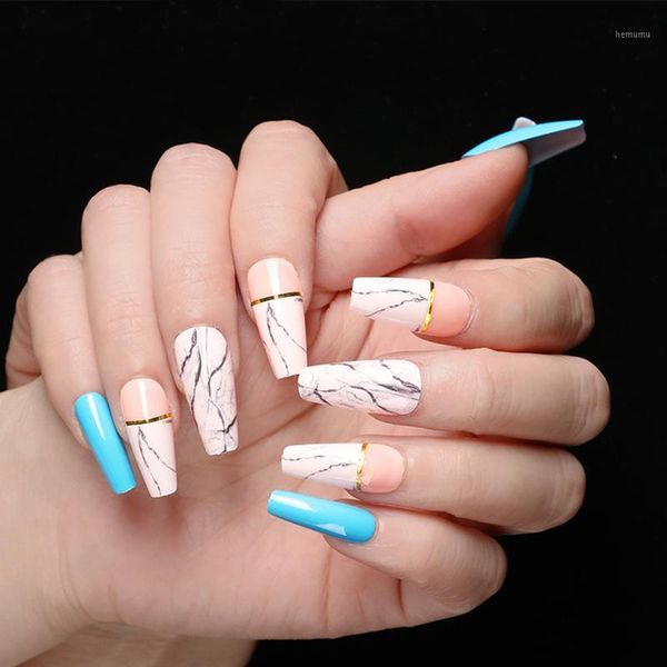 

24pcs/box blue-marble nude french manicure simple wear fashion fake nails with glue can be used by pregnant women reusable1