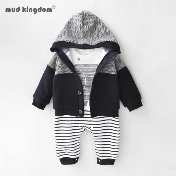 Mudkingdom Baby Boy Elephant Pagliaccetto Cardigan Outfit Tuta intera Cappotto con cappuccio a righe spesse Abbigliamento infantile 210615