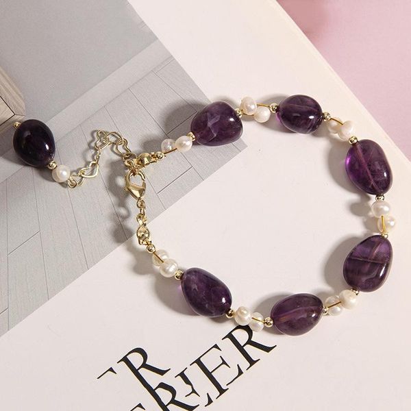

charm bracelets korean-style purple special-shaped crystal bracelet for women fresh water pearl simple cold style friendship jewelry, Golden;silver
