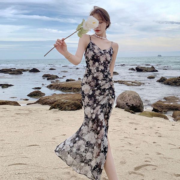 

suspender floral dress women's summer harvest waist thin holiday style pure desire long skirt, Black;gray