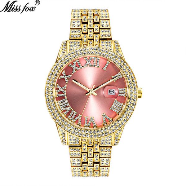 

missfox watch fashion roman powder plate full diamond waterproof luminous men's quartz watch, Slivery;brown
