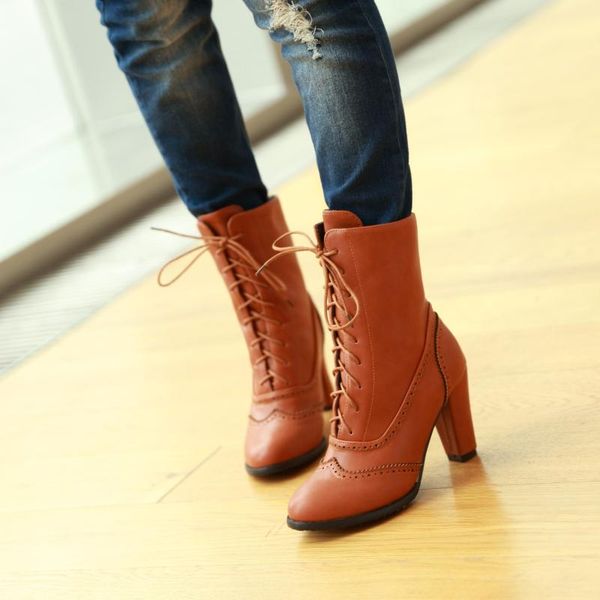 

boots women high heel short mid calf autumn pointed toe ladies shoes lace up casual botas mujer ghn89, Black