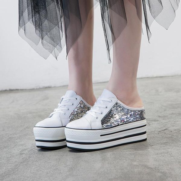 

slippers genuine women's summer half shoes breathable bling women high heels 2021 female platform, Black